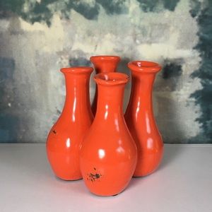 A Pop Of Orange Color Pottery Art Crackled Bud Vase Cluster Connected Conjoined